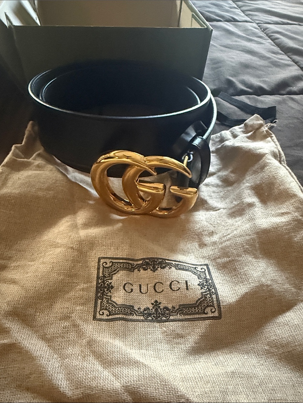 Gucci Black Leather Belt with Gold Interlocking GG Buckle
